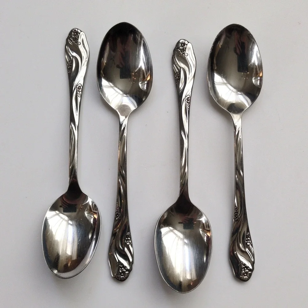 Vtg Oneida LORILEI Soup Large Spoons (4) Stainless Floral Flatware‎ Lorelei